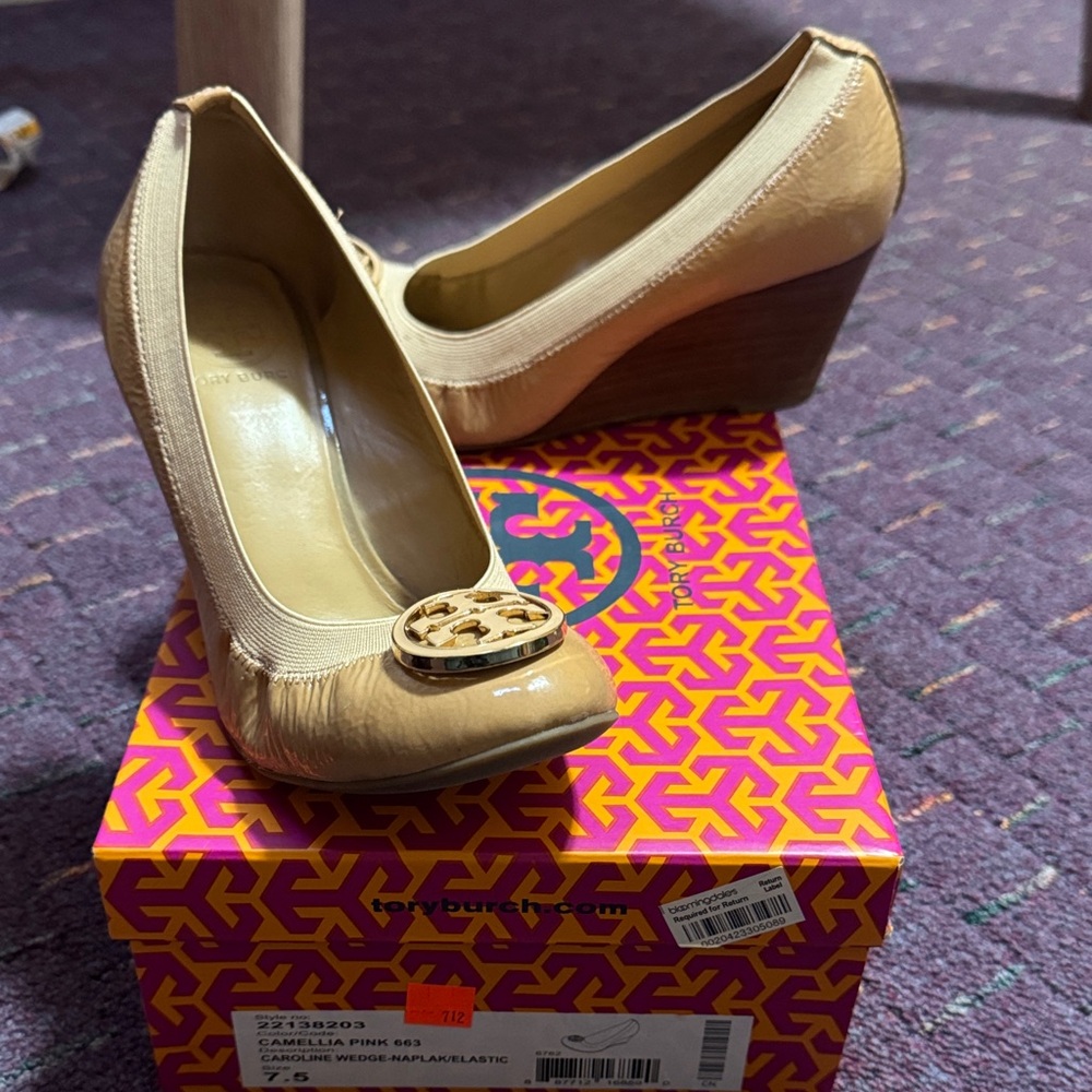 Authentic Tory Burch Beige and Brown Wedges